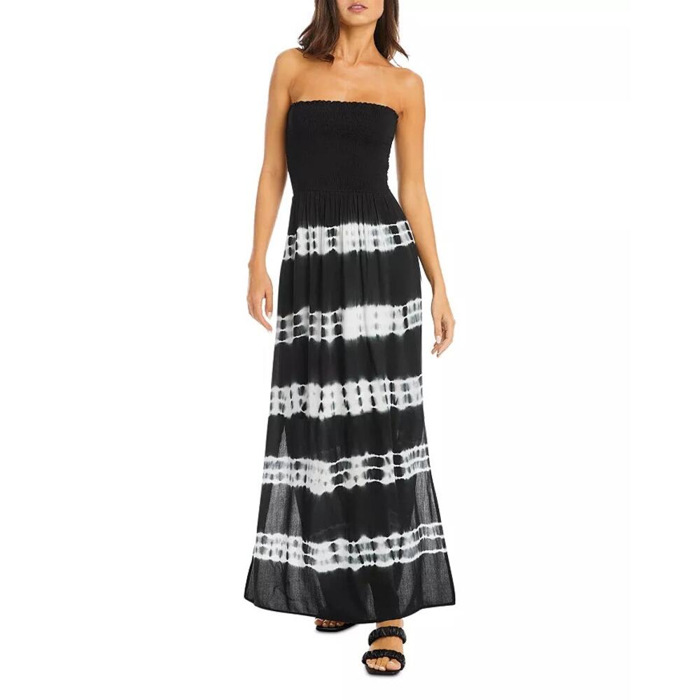 Karen Kane Smocked Tie Dye Maxi Dress Strapless Black/White Size Small NWT